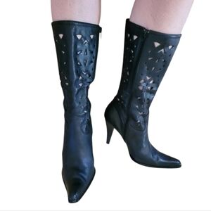 90's MIA Lacey Black Cut Out Pointed‎ Toe Stilletto Heel Boots